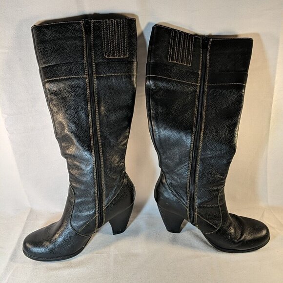 b.o.c. Black Leather Heeled Boots 3.5" Block Heel Knee High Womens 8.5 BOC Born - Picture 6 of 16